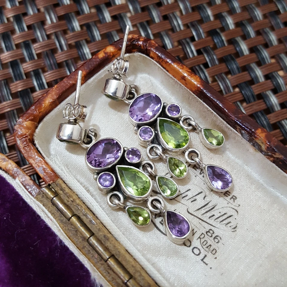 Qvc 925 Sterling Silver Earrings, Multi Gemstones Dangle, Amethyst, Peridot - Image 4 of 4