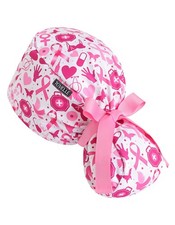 Pink Ribbon Breast Cancer Scrub Caps Womens Ponytail Long Hair Surgical Hat