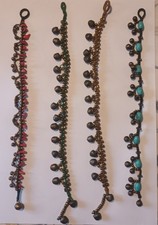 Bundle of 4  Handmade Brass Bell Anklets Turquoise Coral Beads Indian Boho 10"