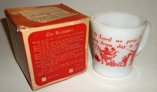 Vintage 1956 Fire King Glass Mug Bless This Food Prayer in Memory Gift Box