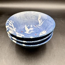 Kotobuki Japan 5 7/8" Rice Soup Bowls SET/3 Flying Cranes Ocean Waves Blue White
