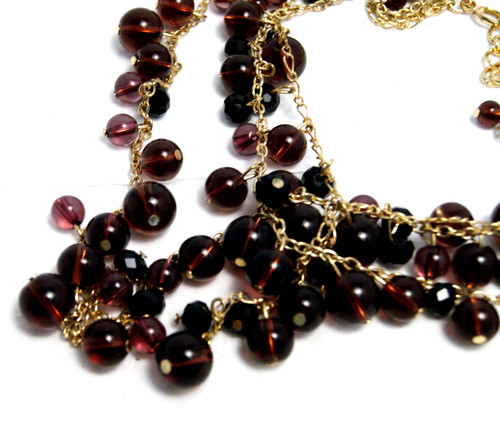 Talbots Necklace Chunky Beaded Layered Statement Maroon Plum Gold Tone Chic