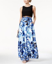  380 Betsy  Adam Women'S Black Blue Floral Crew Neck Gown Pleated Dress Size 2