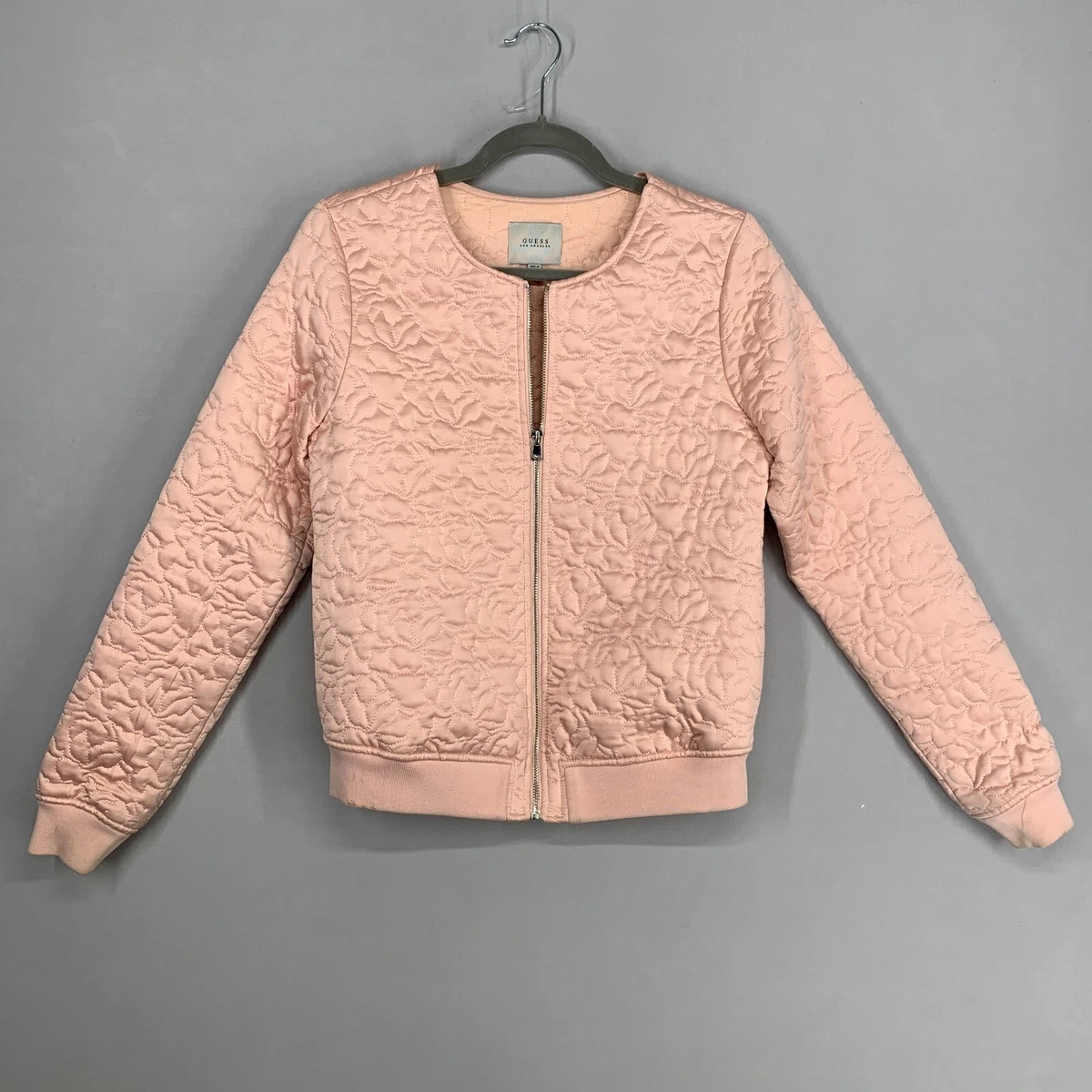 Guess Women Quilted Jacket XS Pink Embroidered Bomber Floral