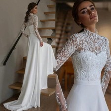 High Neck Satin Wedding Dresses Long Sleeve Appliques Buttons Back Bridal Gowns