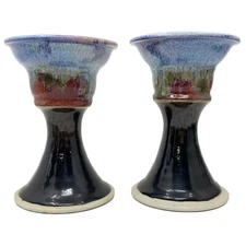 Vtg Mexican Pottery Glazed Ceramic PAIR OF CANDLESTICKS Tonala Style Mexico