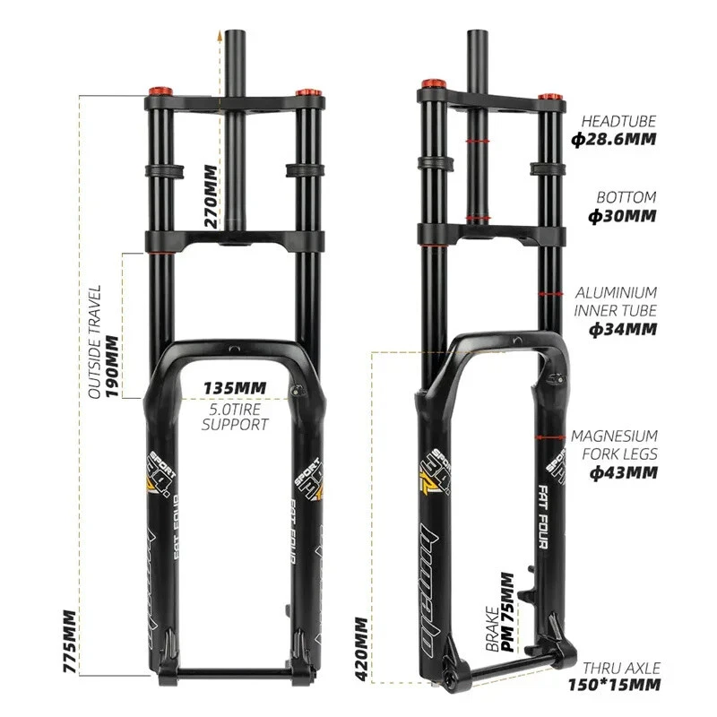 Suspension Snow Fork For Fat Bike 26*5.0 tire 150*15mm Thru Axle Front Air Fork - Image 2 of 4