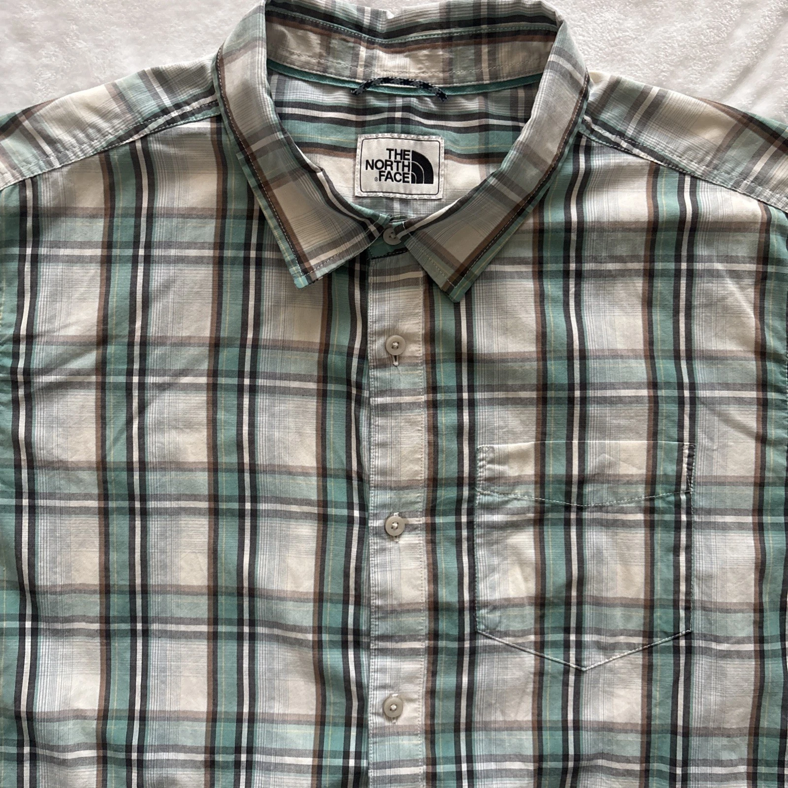 The North Face Shirt Mens 2XL Outdoor Hiking Button Up Green Plaid Short Sleeve