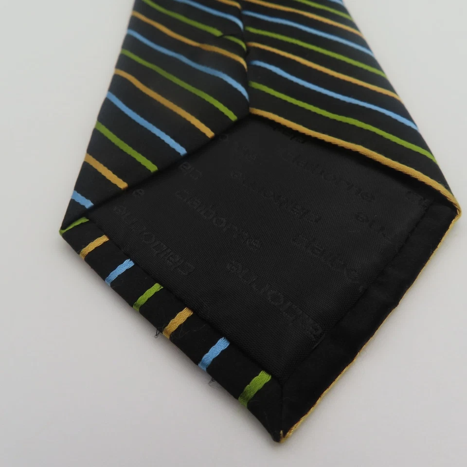 Corbata Claiborne Seda Negra Verde Amarilla Rayas 4" Ancho 58" Largo Foto 4 de 4