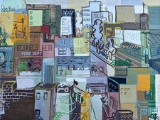 MID CENTURY PAINTING CUBIST ABSTRACT CITYSCAPE URBAN MODERNISM CUBISM WPA STYLE