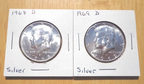 1968 D 1969 D Silver Kennedy Half Dollar UNC. Mint Set 2 Coin Set
