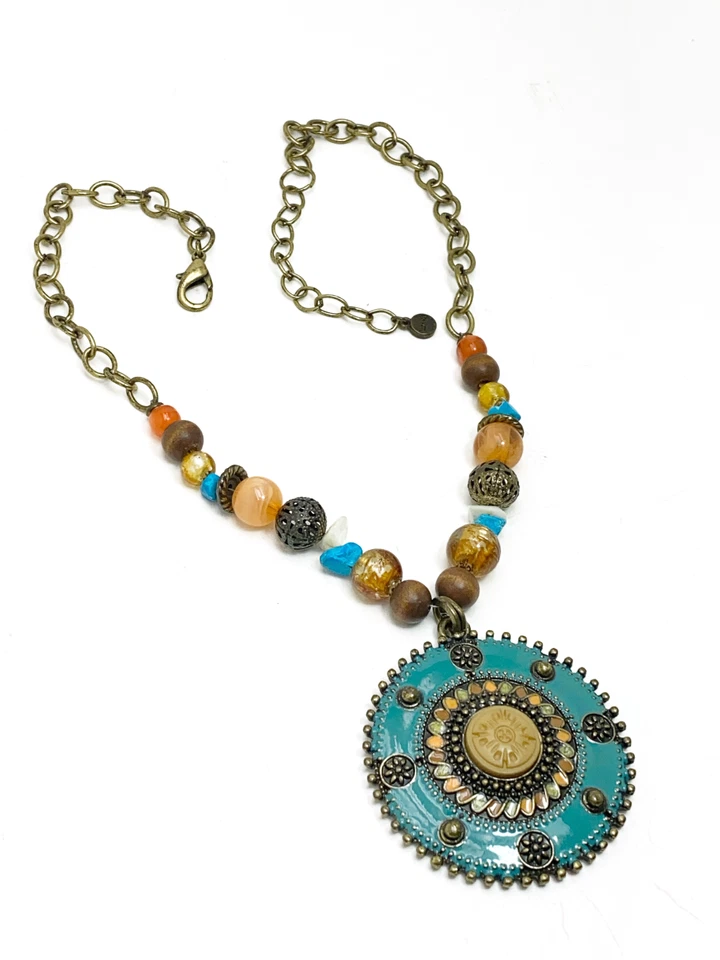 RUBÍ RD Collar Boho Mandala Colgante Turquesa Esmalte Tono Bronce Cadena Cuentas Foto 4 de 4