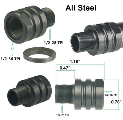 Steel 1/2x36 Female Thread To 1/2x28 TPI Male Thread Muzzle  Converter Adapter