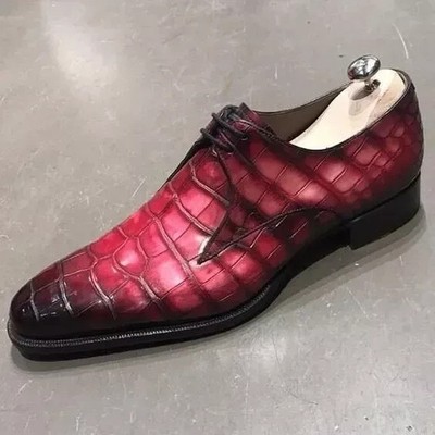 Handmade Men's Pink Crocodile Pattern Leather Shoes, Derby Lace up Formal Shoe