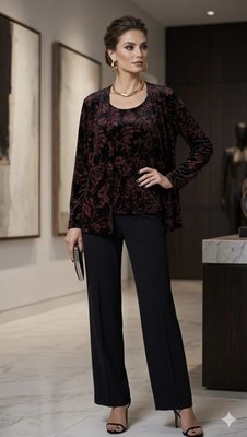 NWT Notations 2-fer Blouse & Jacket Combo Black Red Beaded Velvet Size XL 