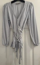 LOFT Surplice Wrap Front Tie Side Size S Vertical Striped Long Sleeve Blouse