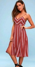 Lulus Women's Rust Red Calabash Print Stripe Midi Halter Dress Tie Sz S Vacation