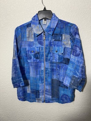 Drapers & Damons Women s Small Blue Geometric Zip Front Jacket Top 3/4 Sleeve