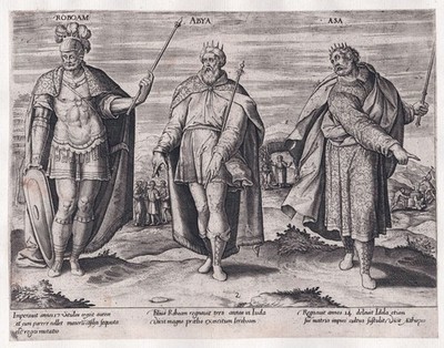 M.de Vos / Kings Judah Rehoboam Abijah Asa Bible engraving Kupferstich Jode 1580