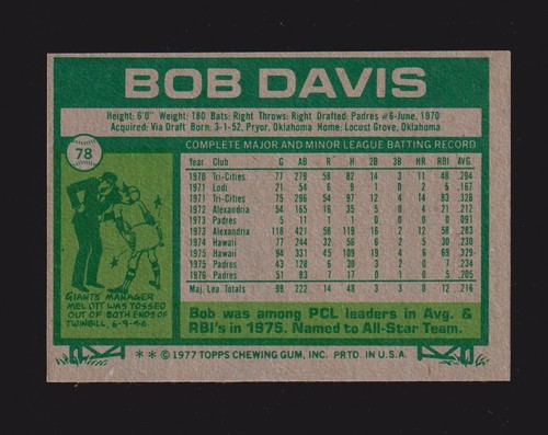1977 TOPPS #78 Bob Davis SAN DIEGO PADRES EX+ A - Picture 2 of 2
