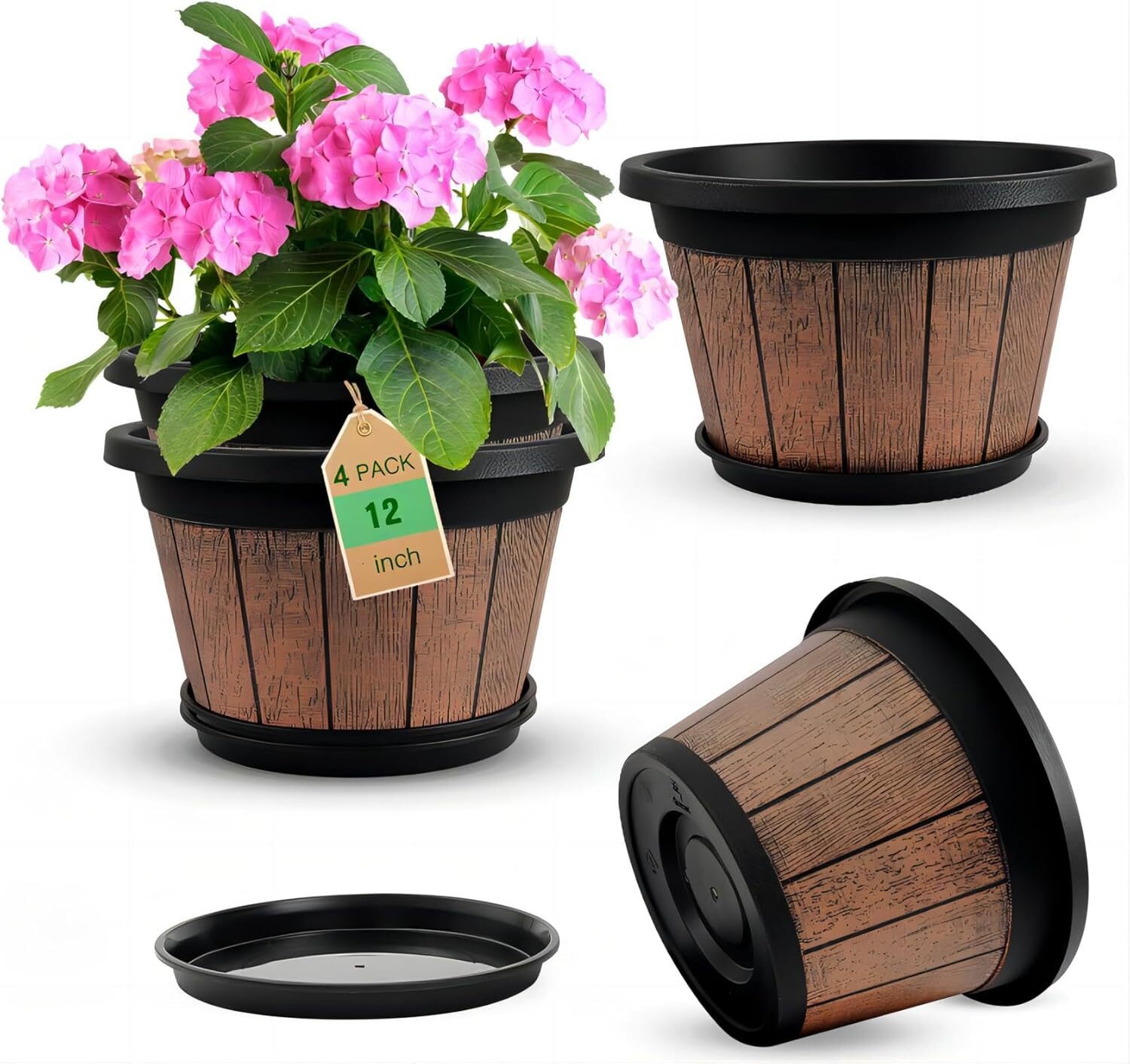 Whiskey Barrel Planters with Drainage Holes & Sau... 4 Pack 12 inch Plant Pots