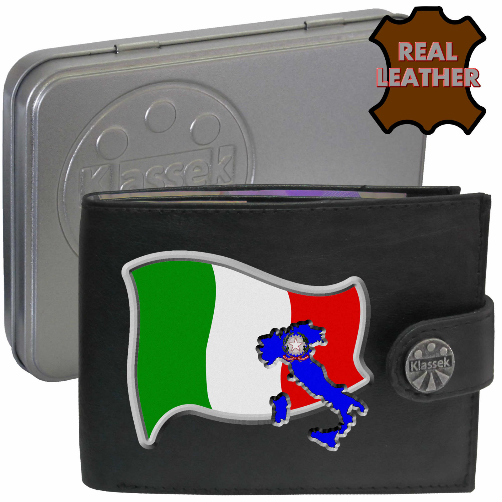Italian Flag Wallet Italy Soft Real Leather Map Emblem Gift Tin RFID Protection