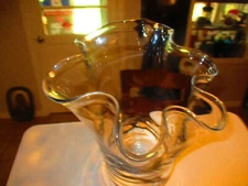 Murano Elegant Hand Blown Ruffled top applied black swirling MCM Art Vase