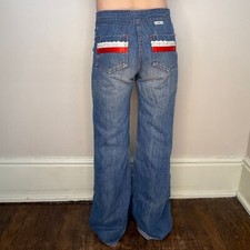 Vtg 1970s Kids Bellbottom Blue Jeans 70s Ribbon and Lace Pockets Luv It Size 8