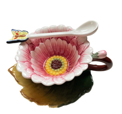 NEW Corner Ruby 3 Pc Pink Flower Teacup Green Leaf Saucer Butterfly Spoon Set