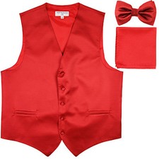 New Men's Horizontal Stripes Tuxedo Vest Waistcoat bowtie Hankie Red formal