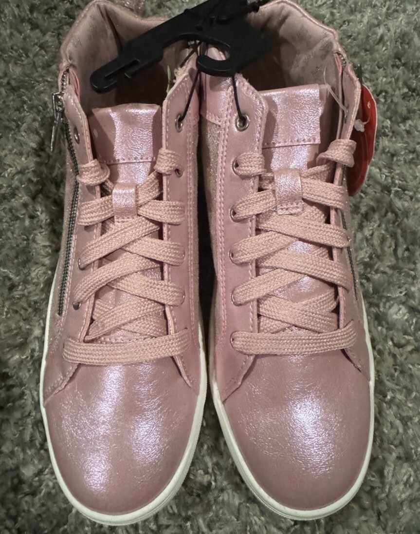 Girls High Top Sneaker Shoes Casual Pink Glitter Zipper Size 5