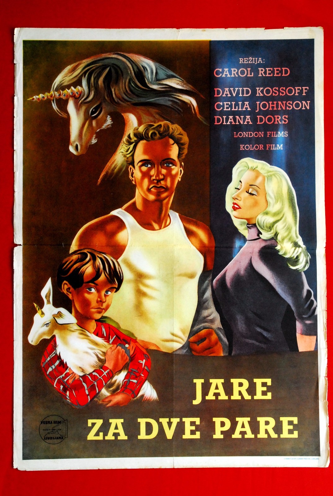 PÓSTER DE PELÍCULA UNICORNIO DAVID KOSSOFF EXYU NIÑO PARA DOS FARTHINGS DIANA DORS 1955
