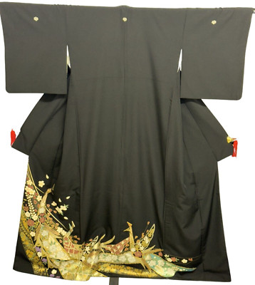 Japanese Vintage Kimono Tomesode Polyester Black Crane Family crest Height 65in