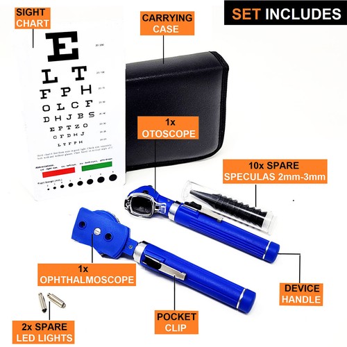 Set D'examen LED – Otoscope Et Ophtalmoscope à Fibre Optique, Bleu, S.S, Neuf