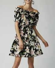 Dolce & Gabbana Cotton Lily Print Off Shoulder Dress