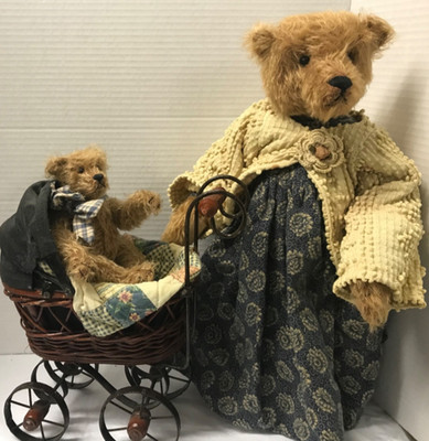 VINTAGE 16 inch MOHAIR MAMA BEAR AND BABY BEAR W/STROLLER 3-PIECE SET. NO TAGS.