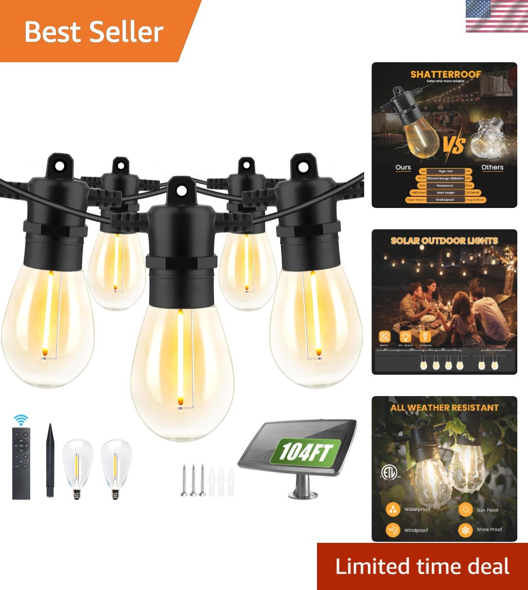 104FT Dimmable Solar String Lights with 30 Edison Bulbs, Remote & USB Charging