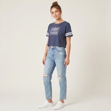 District Blue Pink “Fight Cancer” Varsity Stripe Drop Shoulder Crop Top - Size M