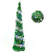 5Ft Pop Up Tinsel Christmas Tree Collapsible Pencil Tree with Lights for Home