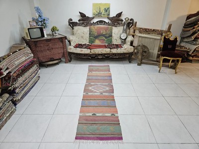 Vintage Turkish Kilim Runner, Pastel Wool Rug, Boho Hallway Carpet