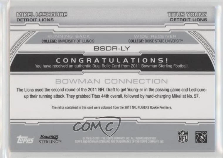 2011 Bowman Sterling Refractor /75 Mikel Leshoure Titus Young #BSDR-LY Rookie RC - Image 2 of 2