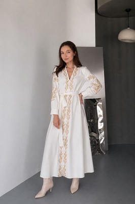 Women s White/Gold Embroidered Belted Tie V-Neck Long Sleeve Maxi Dress
