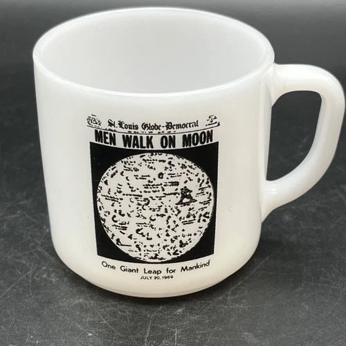 Vintage Federal Milk Glass Coffee Cup Mug Men Walk on Moon 1969 Newspaper