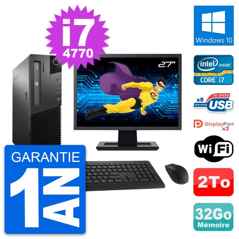 PC Lenovo M93p SFF Ecran 27" Intel i7-4770 RAM 32Go Disque 2To Windows 10 Wifi