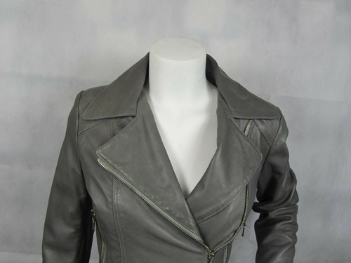 Chaqueta de motociclista ajustada con tachuelas de cuero Napa gris TR-253 Feminin Touch para mujer - Imagen 5 de 7