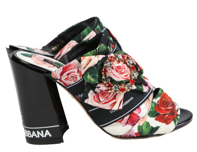 Dolce & Gabbana Tropical Rose Crystal Bow Peep Toe Mules Sandals Multicolor 36