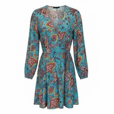 Boston Proper Wrap Dress Long Sleeve Colorful Blue Paisley XL Party