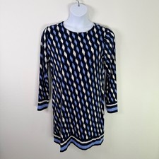 Michael Kors Women Large Blue White Geometric Diamond Print Shift Dress