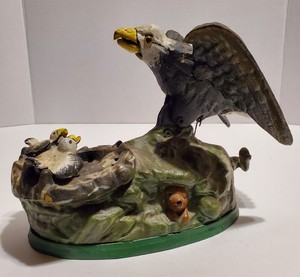 Mechanical Cast Iron Eagle and Eaglets Bank Vintage Reproduction Works