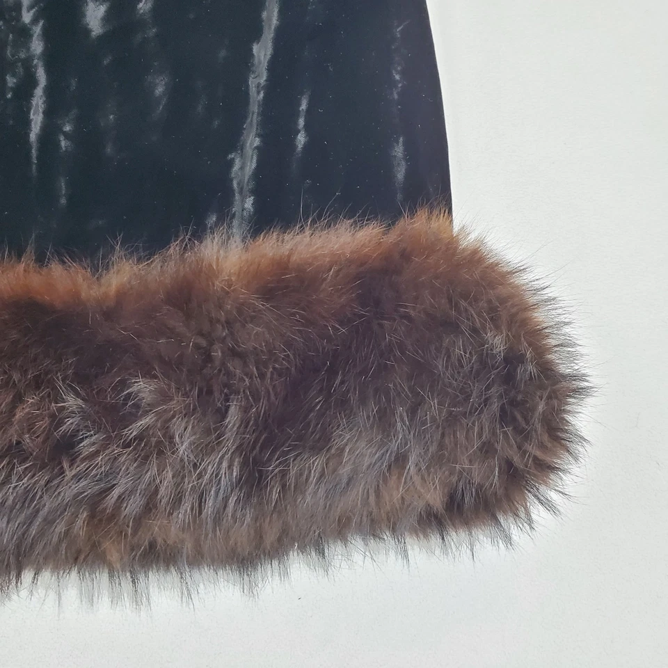 Vintage 40s Black Velvet Long Sleeve Low Back Dress w/ Real Fur Hem Trim - Image 2 of 4